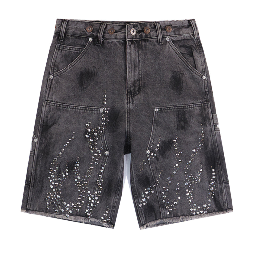 Blue wide-leg carpenter denim shorts with rhinestone flame embroidery and frayed hem