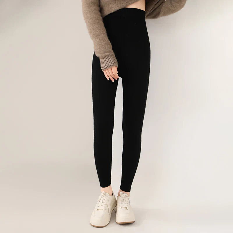 Ivory cashmere knit leggings high-waisted tight-hugging silhouette ultra-soft breathable pure comfort