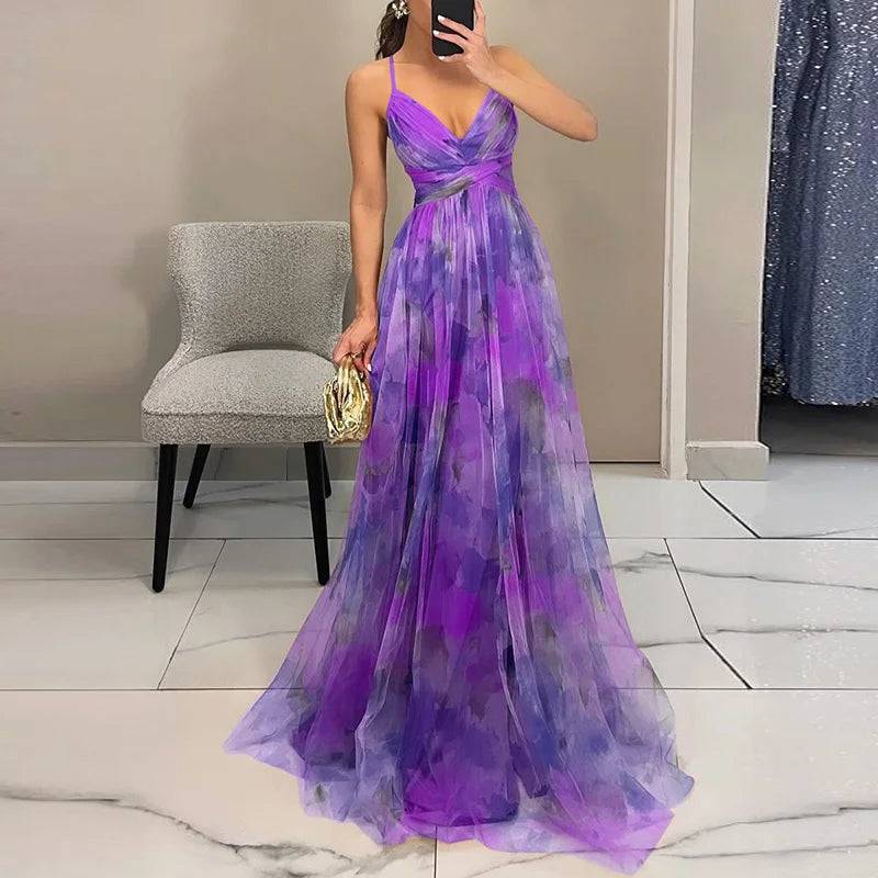 Ruby floral maxi dress in romantic print, airy pleated chiffon with adjustable back closure