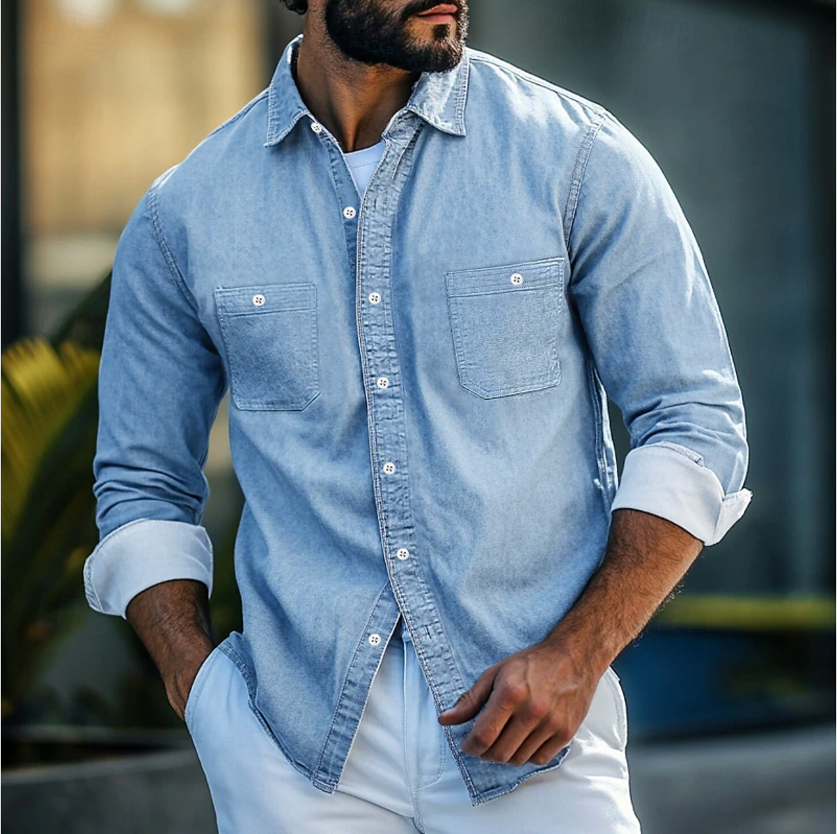 Wavlynn navy denim shirt men regular fit long sleeve button-down with dual chest pockets