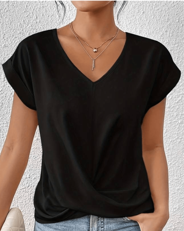 Women's jade green V-neck twist front top with gathered hem detail and cuffed cap sleeves
