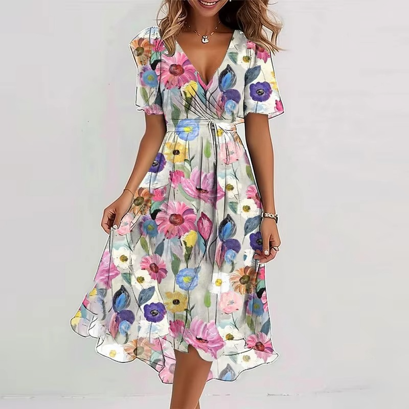 Summer V-Neck Floral Print Loose Casual Short Sleeve Dress for Women
