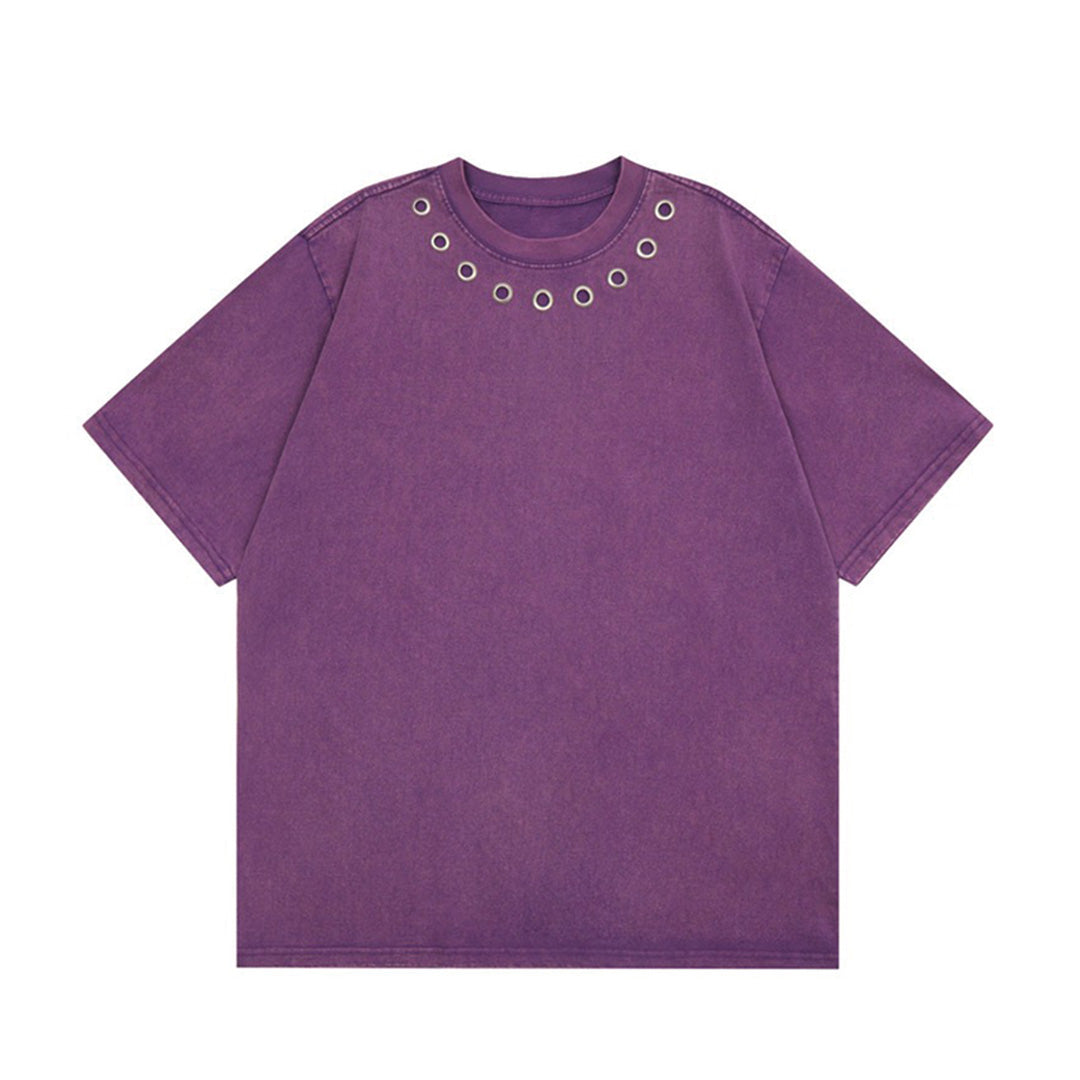 Faded black oversized crew neck tee with bold metal eyelet neckline, heavyweight cotton grunge streetwear
