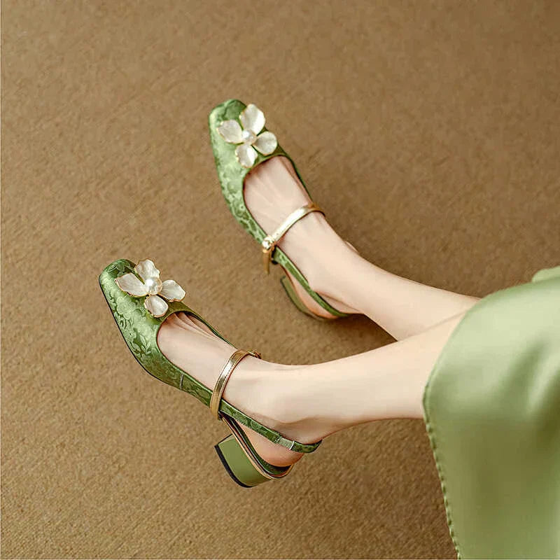Women's floral jacquard Mary Jane pumps with pearl embellishment, block heel, and adjustable ankle strap