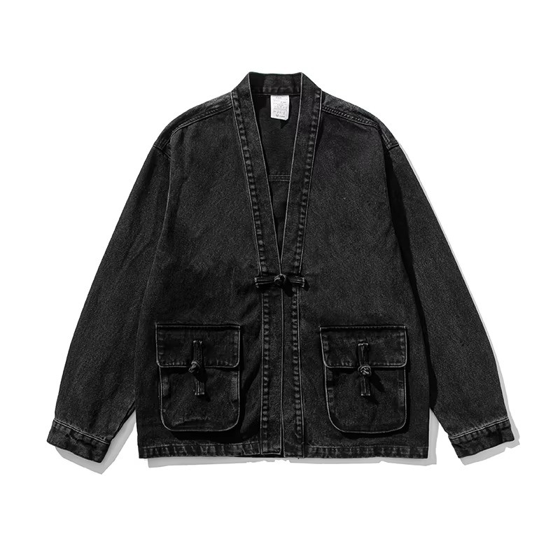 Men's vintage denim kimono jacket in blue with relaxed drape silhouette and front pockets streetwear