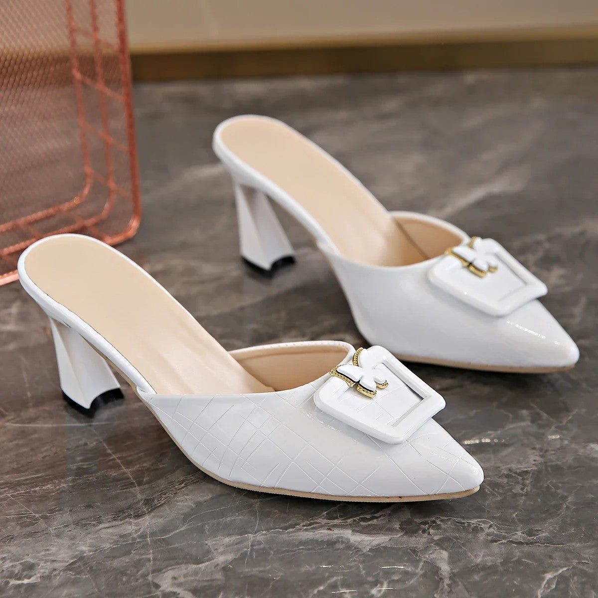 Laya Butterfly Mules pointy-toe vegan leather patent embossed slide with delicate butterfly buckle