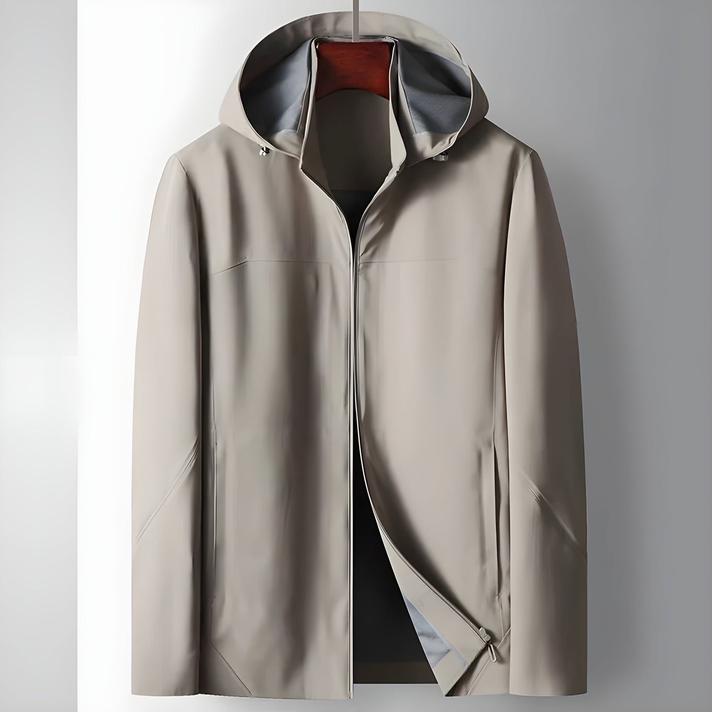 Belmonte neutral windbreaker jacket structured fit hooded zip-up with slit pockets lightweight insulation