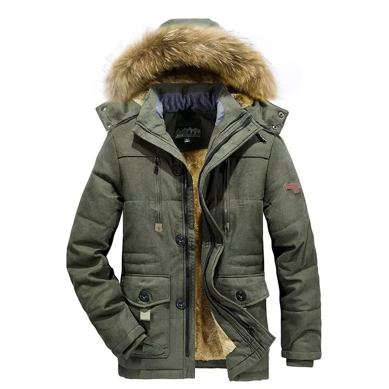 Men's dark winter parka jacket with thick fleece lining, rugged hooded cut for commuters and hikers