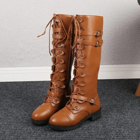 Black knee-high lace-up boots with retro silhouette and dramatic 16-inch vintage-inspired shaft