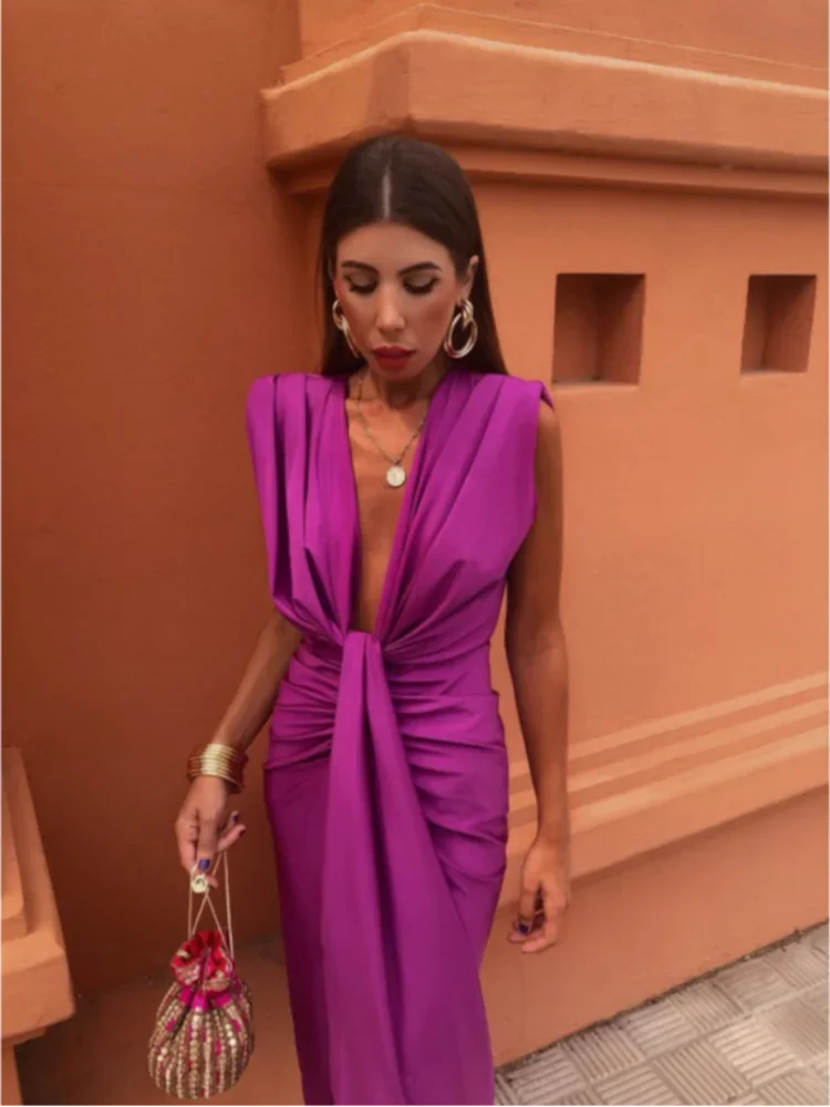 Women's satin-blend evening gown in elegant twist-knot V-neck design with front slit