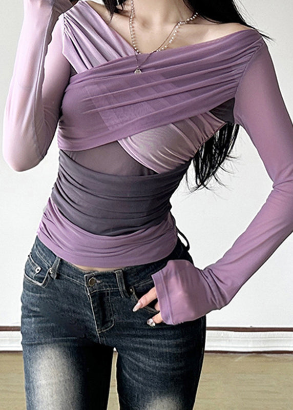 Haut sexy en tulle froissΓ© violet Γ col bateau, printemps - Wavlynn