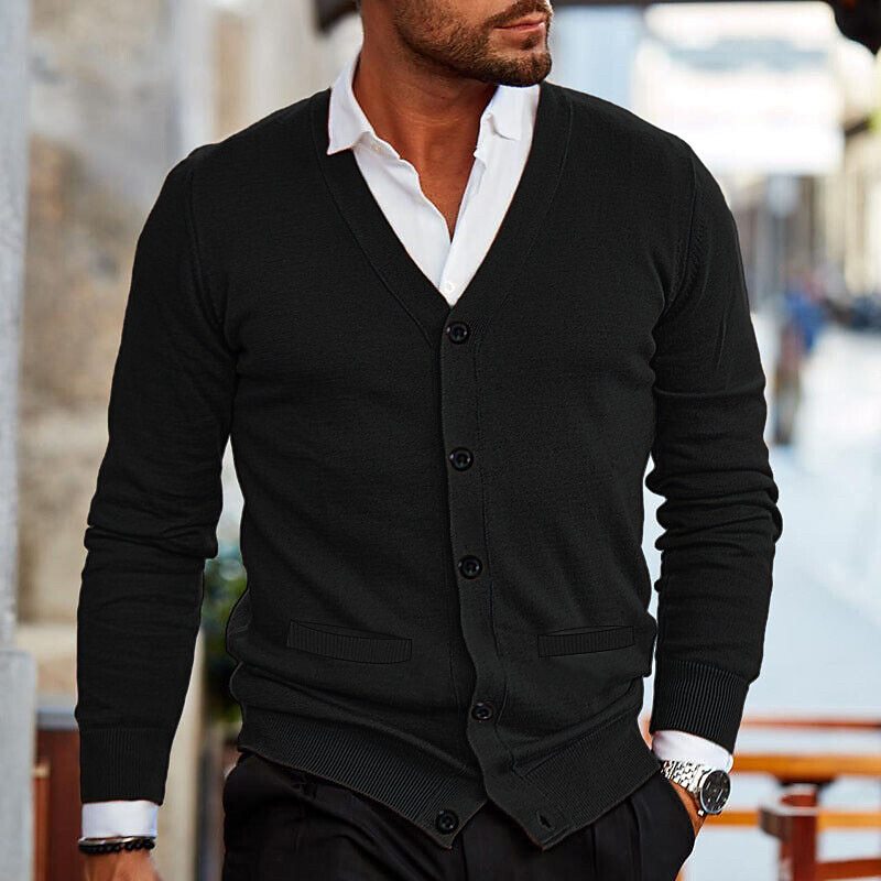 Men's Nordic-inspired knitted cardigan in neutral tones, structured contemporary cut with patterned knit detail