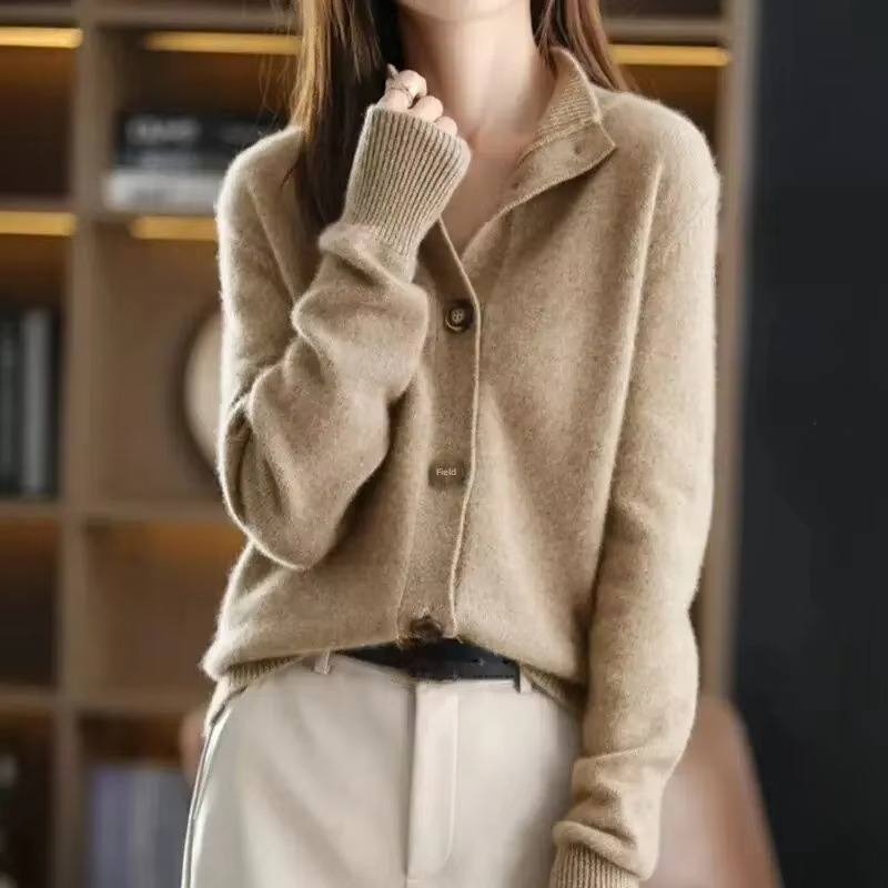 Women's knit cardigan jacket stand collar cozy loose fit sweater coat autumn winter