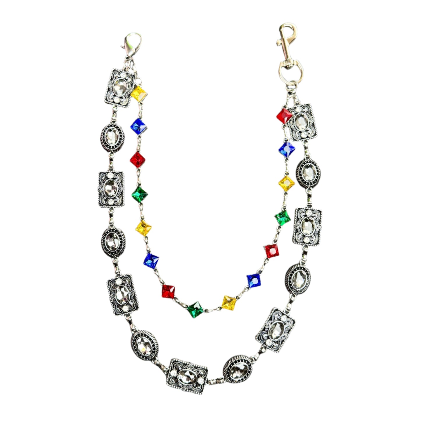 Silver gold plated wallet chain with agate glass gemstones, artisan crafted, light-reflecting brilliant finish