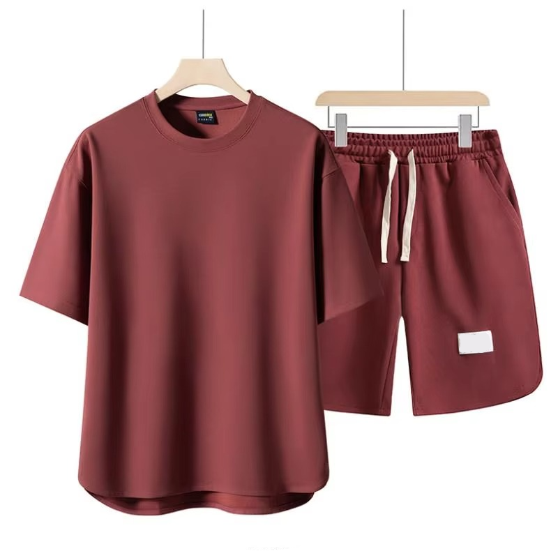 Men's streetwear two-piece set short sleeve shirt matching shorts loose fit elastic waistband