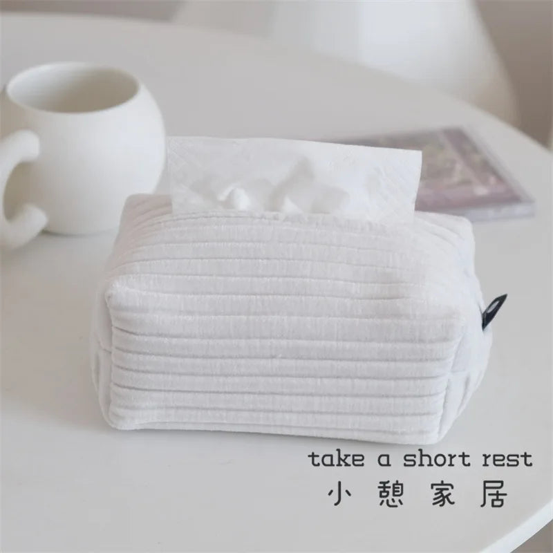 Jacquard corduroy tissue box cover with plush tactile nap and subtle woven pattern for home decor