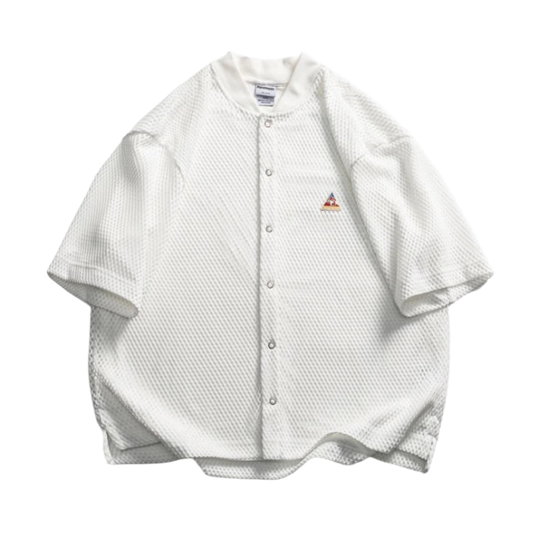 White relaxed-fit mesh shirt with lattice pattern, lightweight moisture-wicking fabric for gym and streetwear