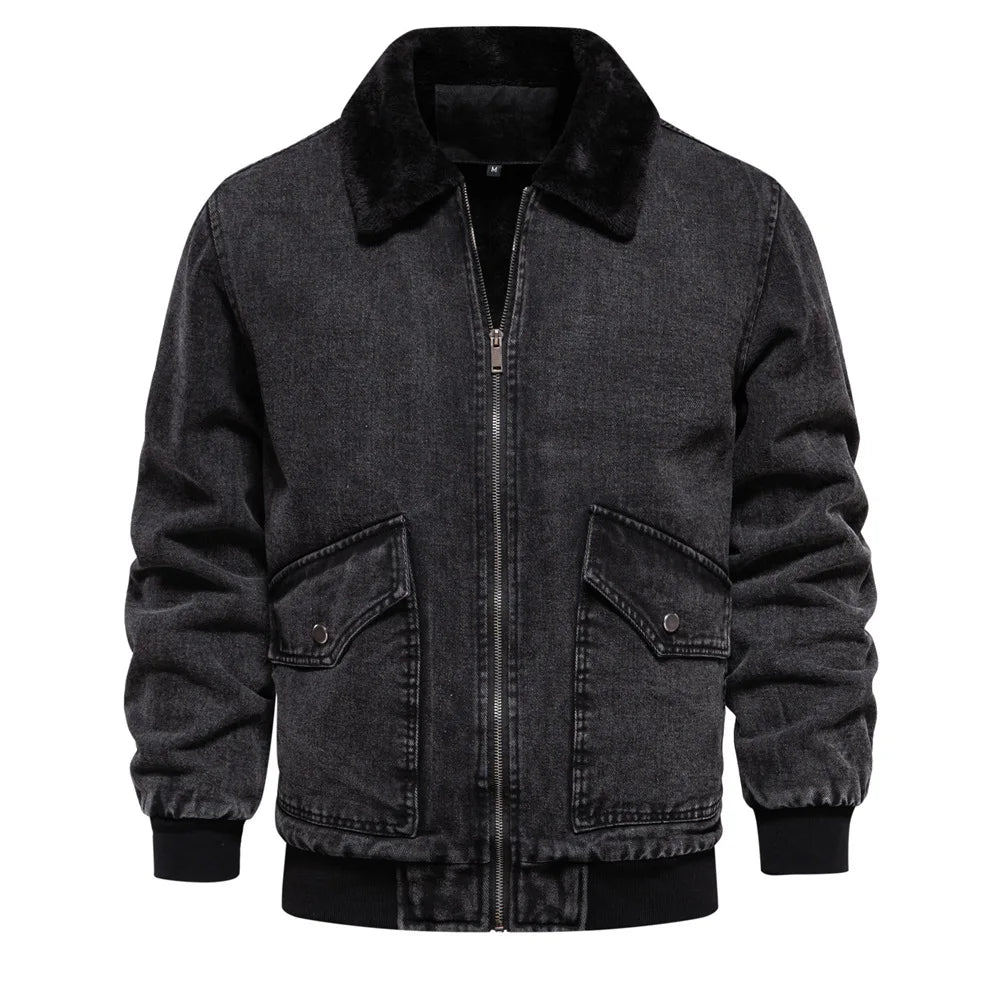 Slim fit denim aviator jacket with sherpa fleece lining and bold contrast lapel collar