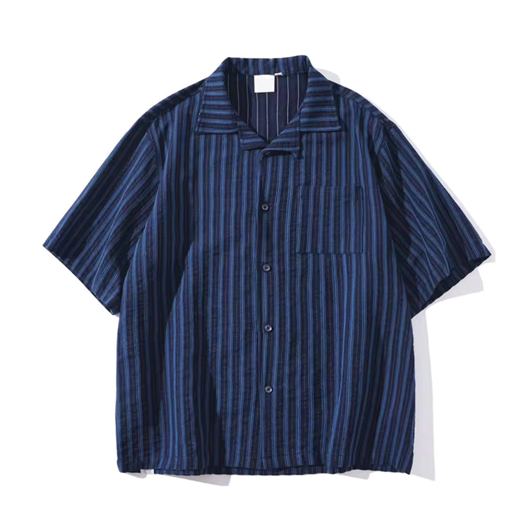 Rhythm striped cotton-linen shirt relaxed fit turn-down collar tonal buttons 70s-inspired palette
