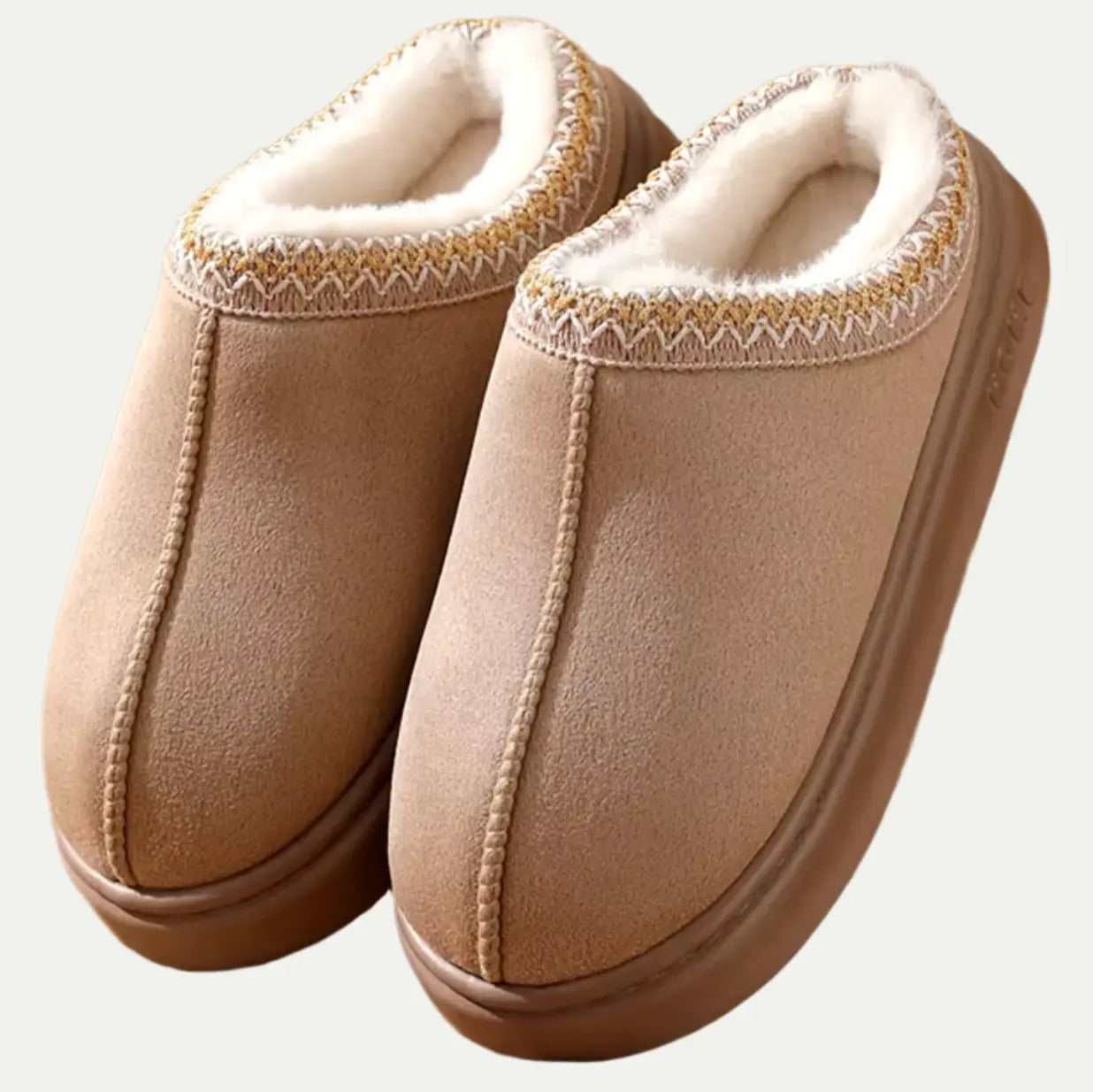 Women's faux sheepskin slippers in brown, black, gray or beige with plush lining and elegant silhouette