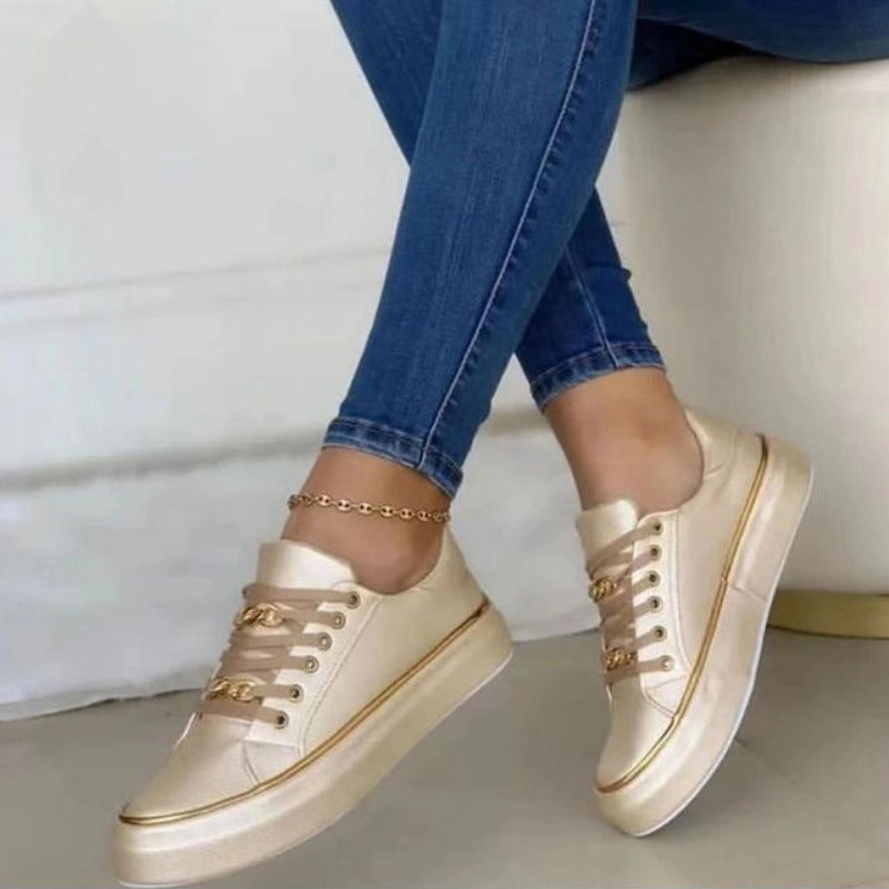 Maxine | Women's Black Platform Sneakers with Gold Chain Detail