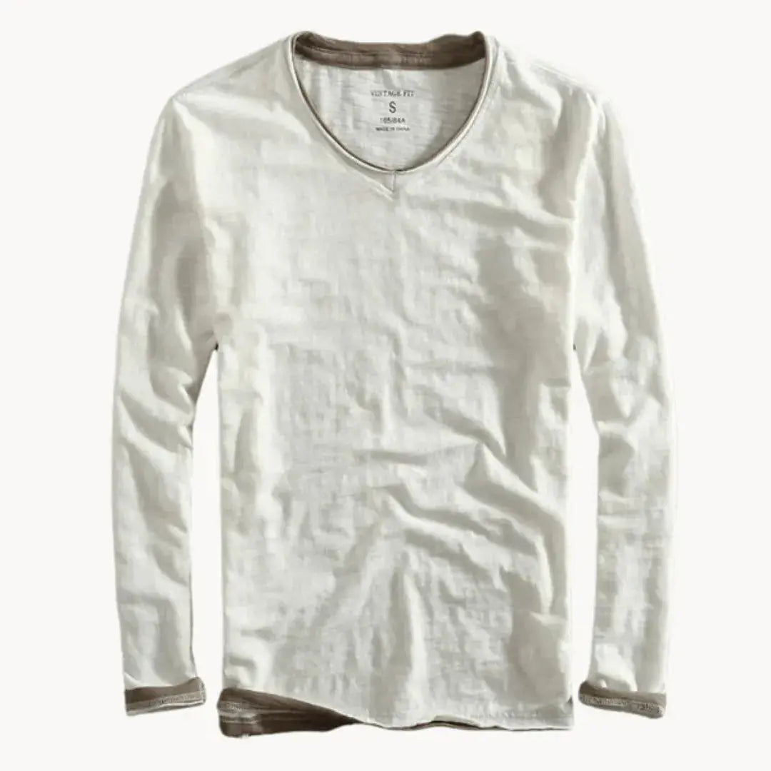 Waylynn white cotton long sleeve shirt V-neck contrast trim layered hem cuff details casual smart style