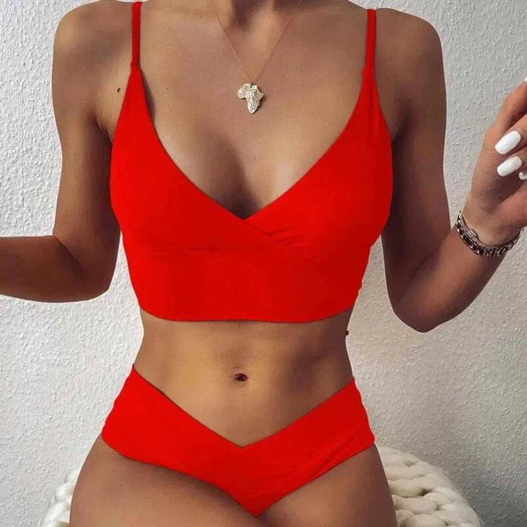 Simone black push-up V-cut high waist bikini set with wrap-style top and curve-enhancing silhouette