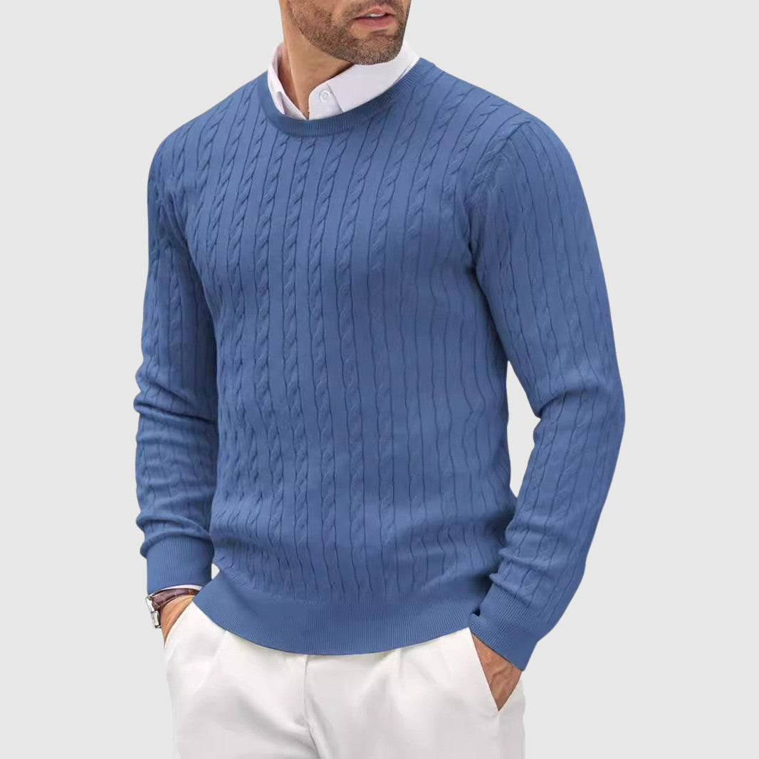 Men's slim fit wool knit sweater with twisted cable knit texture, cozy layering style by Wavlynn