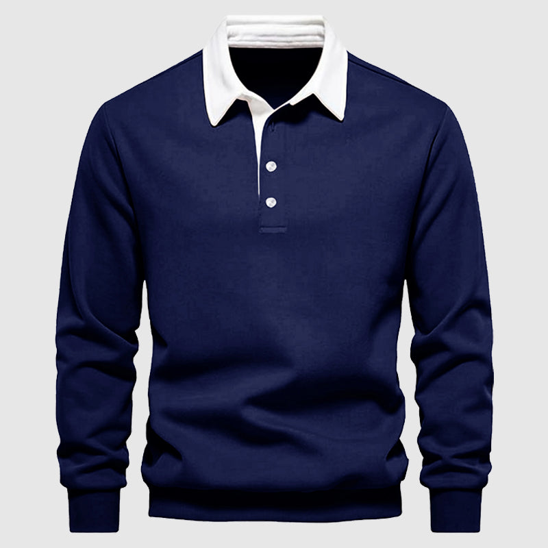 Navy blue long-sleeve polo shirt regular fit with classic collar and button placket