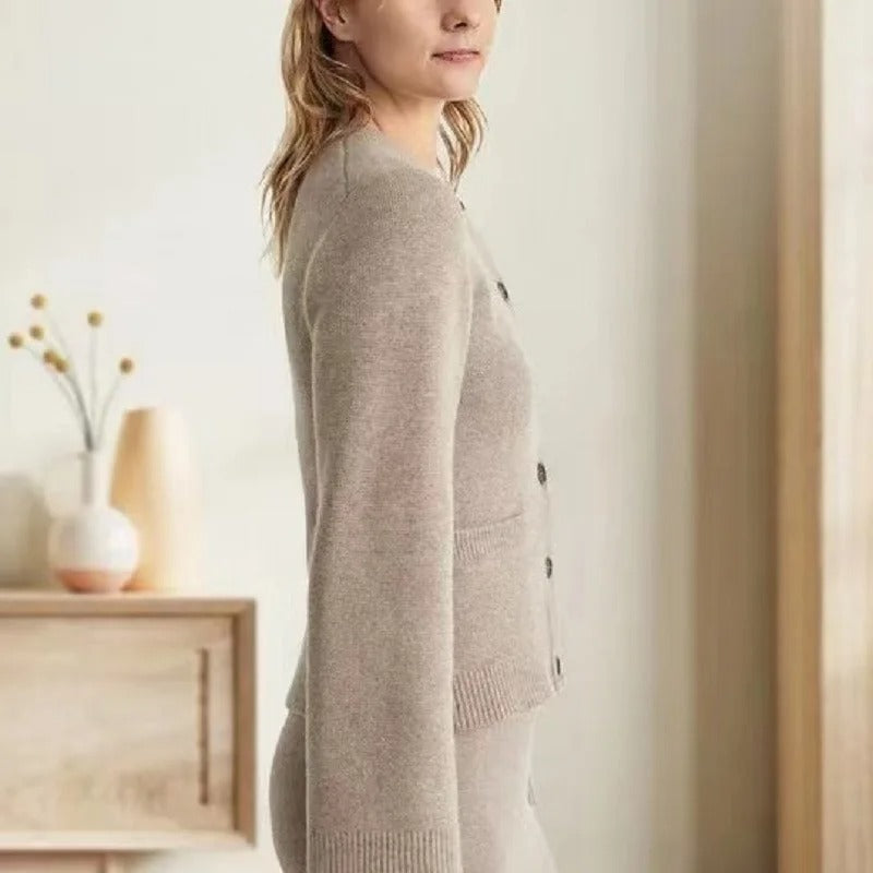 Sofia Amoretti vintage-inspired ivory cardigan with large button closure, casual luxe style