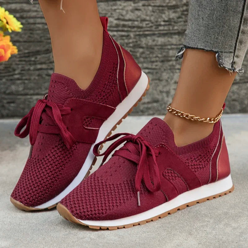 Women's lightweight soft knit lace-up sneakers in neutral tones, breathable flexible upper for all-day comfort