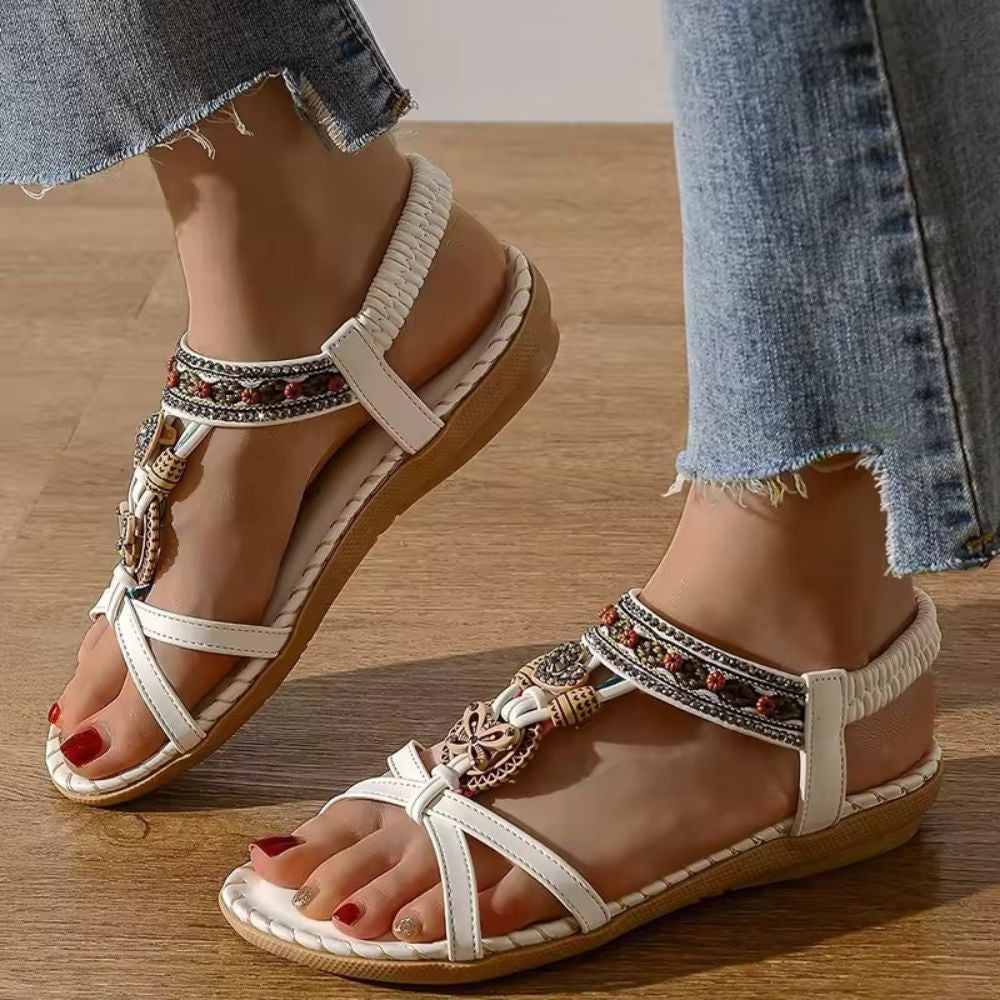Elara women's boho woven sandals in neutral tones with ergonomic comfort sole and artisanal detail