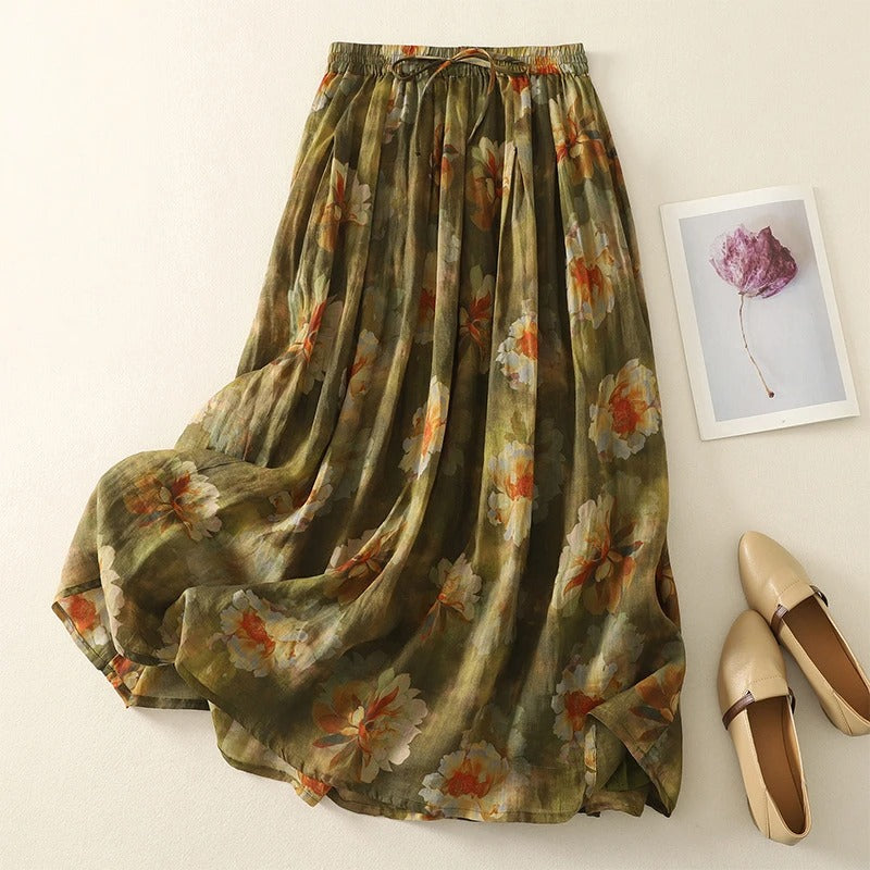 Earthy-toned full-length bohemian patchwork skirt with flowing drape and tie waist