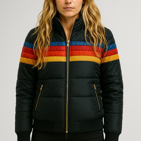 Sorrel waterproof puffer jacket with bold color blocks, ribbed cuffs, and zip-front closure