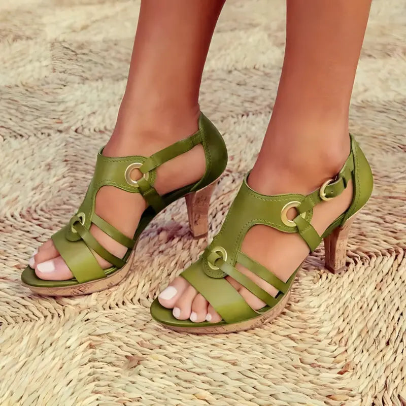 Women's strappy high-heeled sandals in neutral tone, chic slingback design with slim cone heel