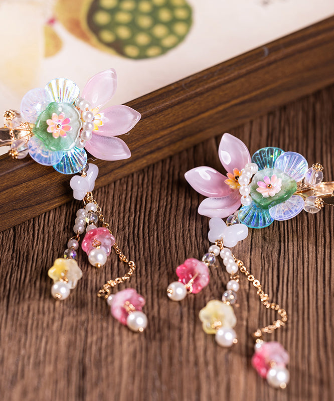 Paire d'Γ©pingles Γ cheveux multicolores en alliage avec perles et pompons floraux pour enfants - Wavlynn