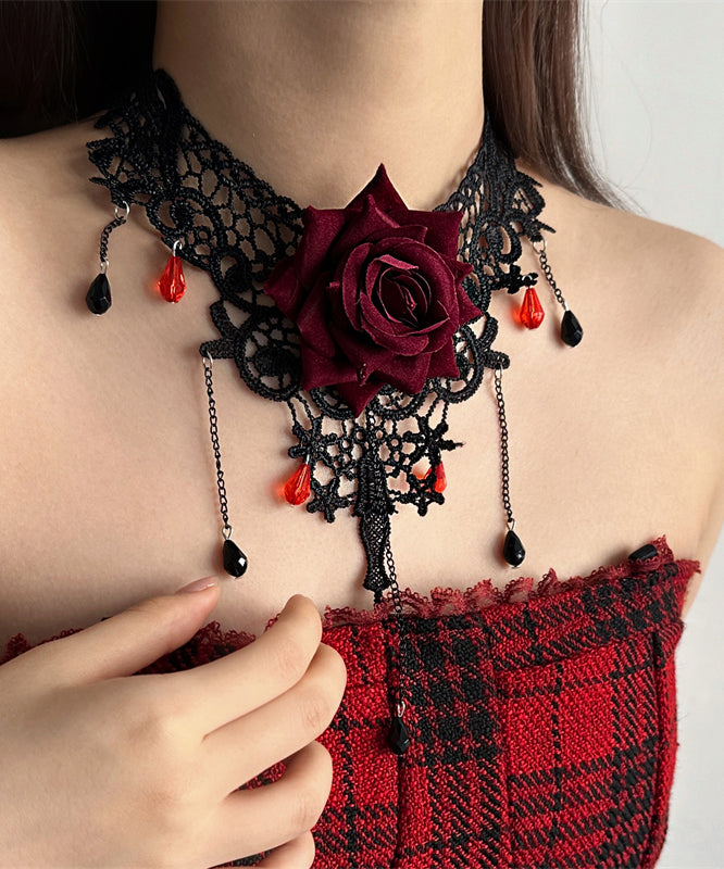 Ensemble élégant de deux pièces avec collier et bracelet en chaîne en dentelle rouge et rose, collier princesse à pompons - Wavlynn
