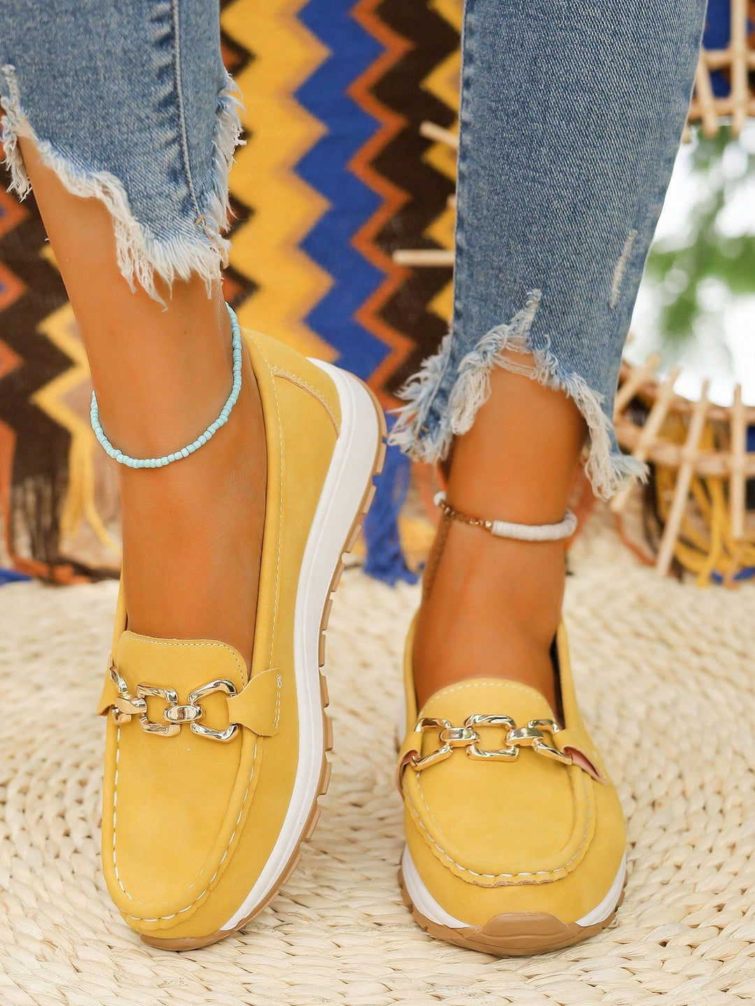 Women's suede-like loafers with elegant gold buckle detail, timeless silhouette for office and casual wear
