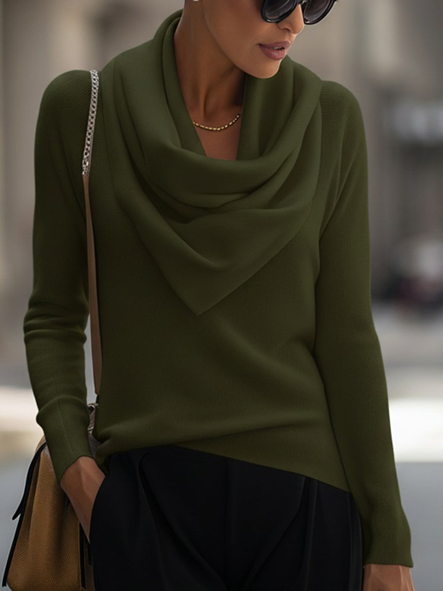 Ella draped cowl neck long-sleeve top in soft neutral, elegant silhouette with flattering smooth fit