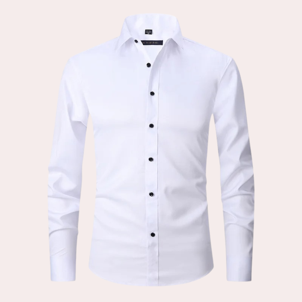 Burgundy slim fit long sleeve dress shirt with classic collar, tailored for formal occasions