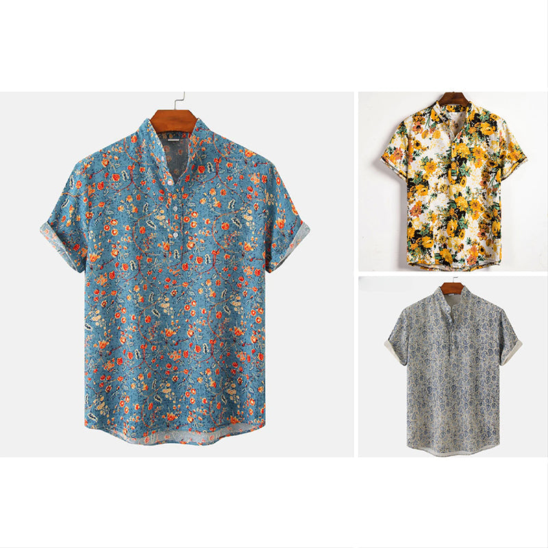 Floral print short sleeve linen blend shirt with mandarin collar in coastal relaxed style