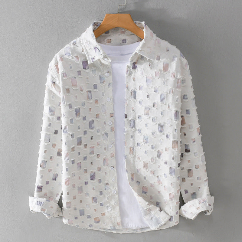 Men's white confetti square print casual shirt, colorful geometric pattern, relaxed modern fit