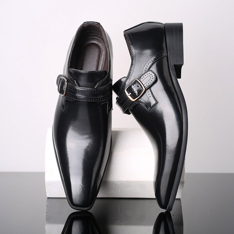Lacquered black monk strap dress shoes with high-gloss finish and single-buckle detail for men