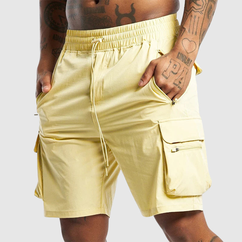 Theodore Willow olive green relaxed cargo shorts in quick-dry nylon with oversized utility pockets