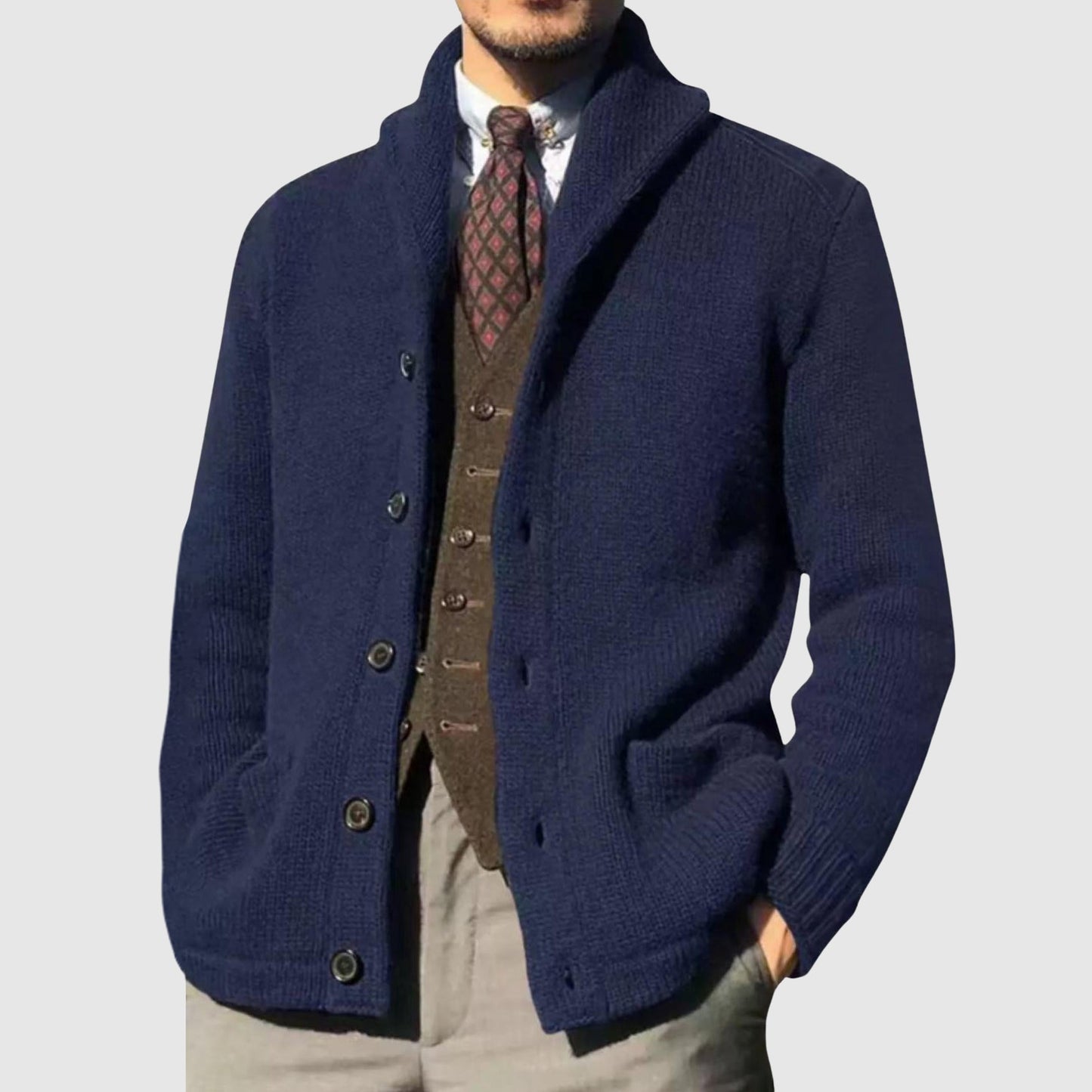 Vintage knit cardigan relaxed fit refined lapel collar color-matching design timeless casual elegance
