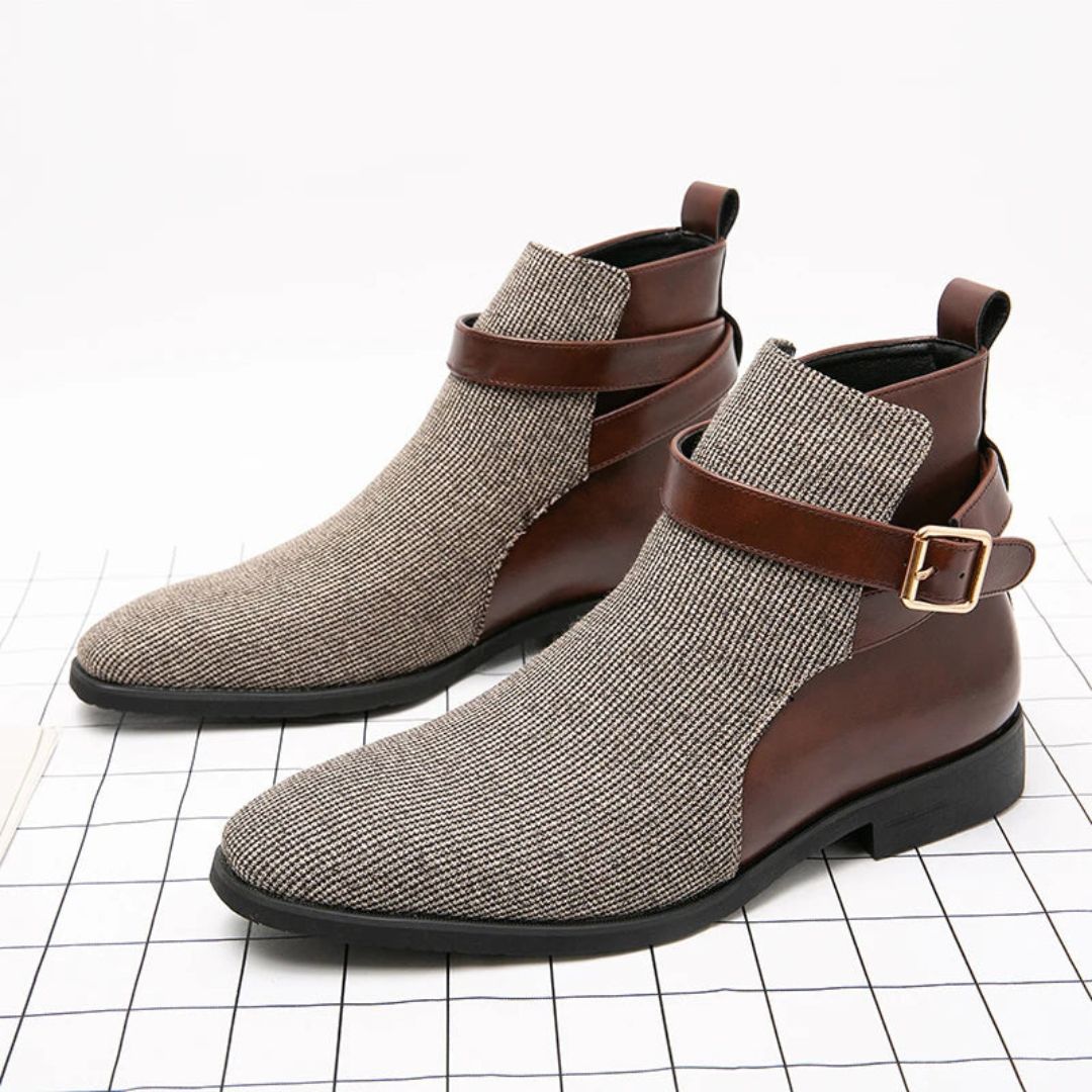 Men's black dual-texture knit boots with leather heel, square toe, and adjustable buckle strap