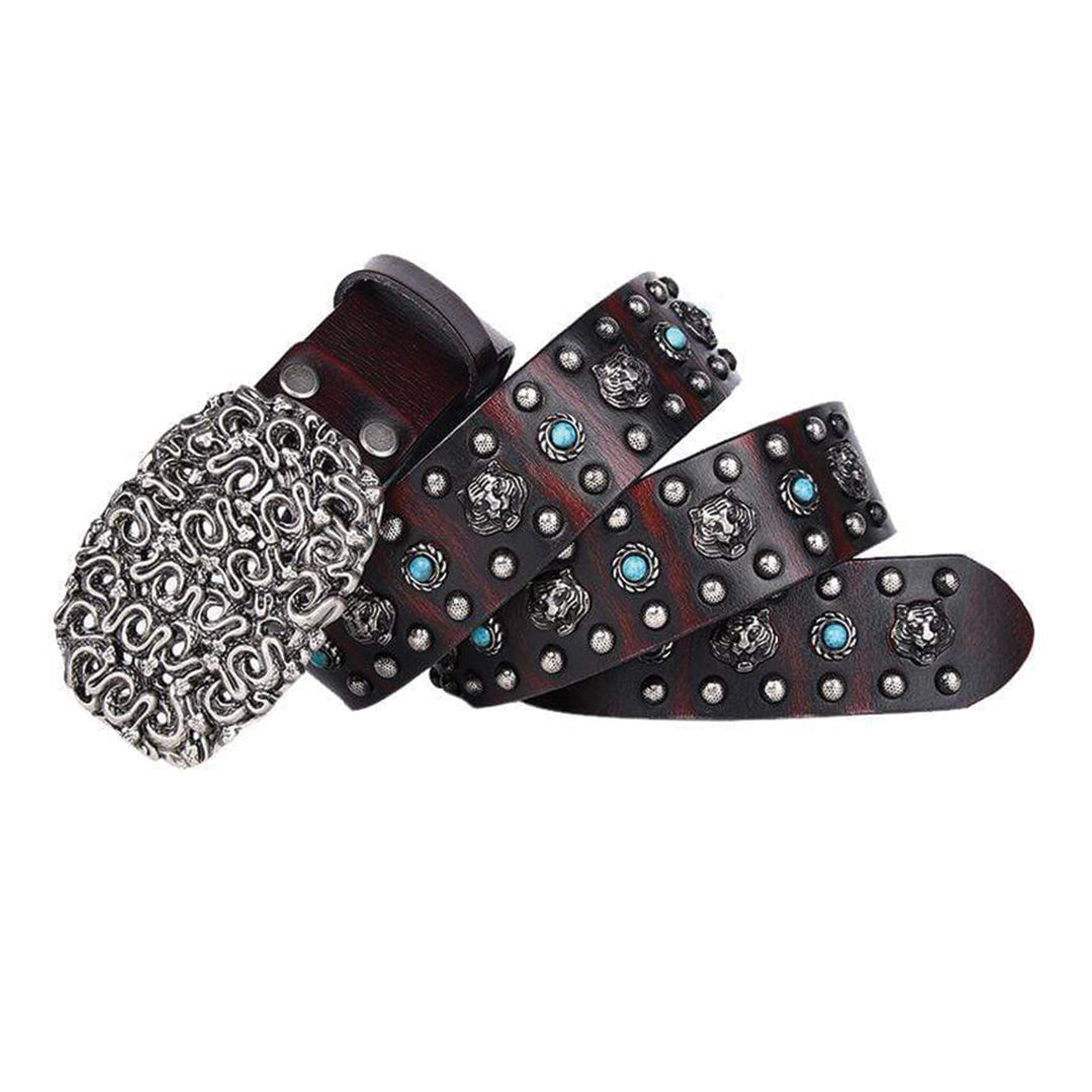 vegan leather belt with hand-carved tiger studs, turquoise rivets, and retro heavy metal buckle