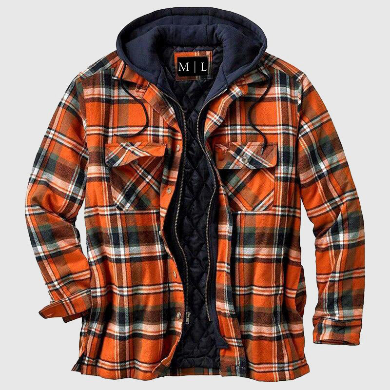 Red and black plaid lumberjack jacket with detachable hood and zipper closure