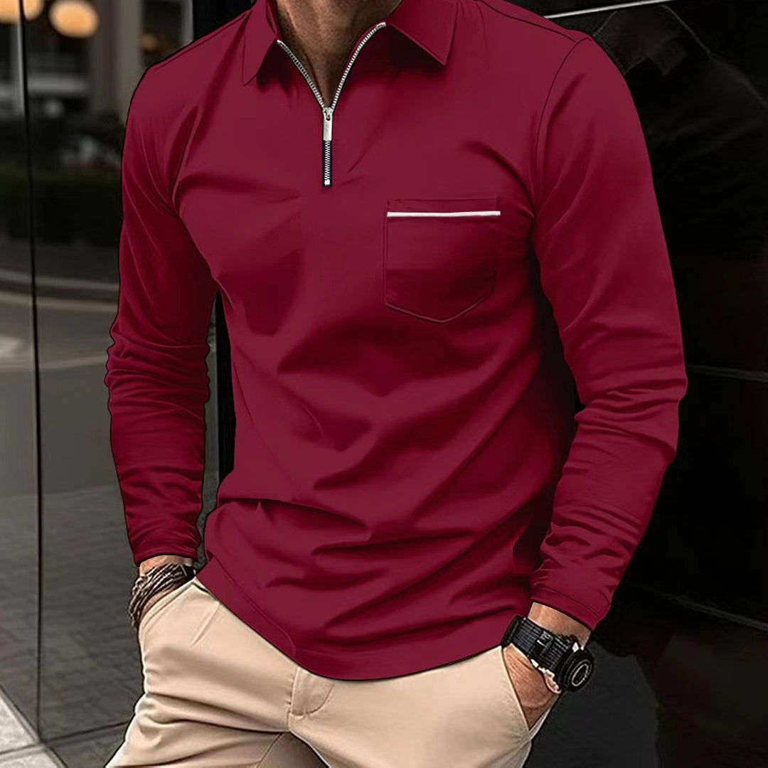 Men's slim fit long sleeve polo half zip chest pocket Nordic-inspired casual shirt versatile style
