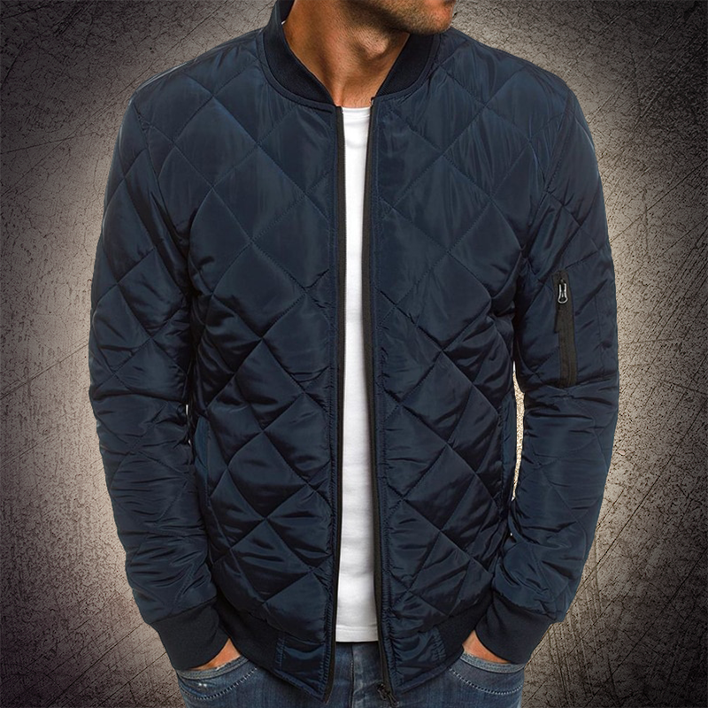 Men's quilted lightweight bomber jacket in neutral tone with geometric quilt pattern for everyday warmth
